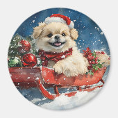 ペキニーズのそり雪景色 クリスマス マグネット (正面)