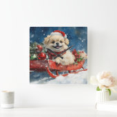 ペキニーズのそり雪祭り クリスマス スクエア壁時計 (ホーム)
