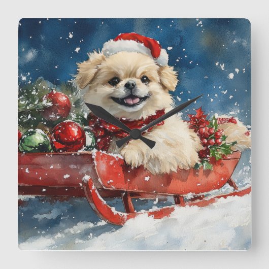 ペキニーズのそり雪祭り クリスマス スクエア壁時計 (正面)