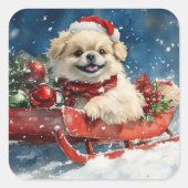 ペキニーズのそり雪祭り 降雪クリスマス スクエアシール (正面)