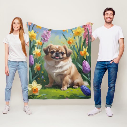 ペキニーズの春の花の絵画 フリースブランケット (インサイチュ)