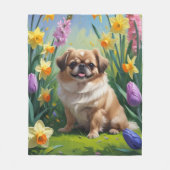 ペキニーズの春の花の絵画 フリースブランケット (正面)