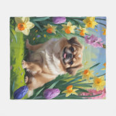 ペキニーズの春の花の絵画 フリースブランケット (正面(横))