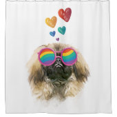 ペキンゲス犬とハートバレンタインデー シャワーカーテン (正面)