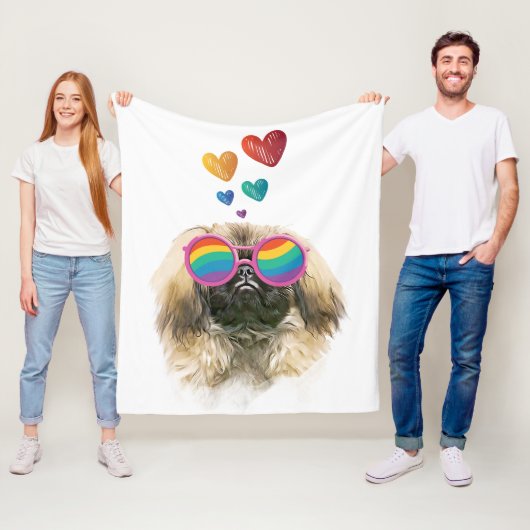 ペキンゲス犬とハートバレンタインデー フリースブランケット (インサイチュ)