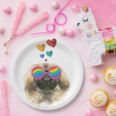 ペキンゲス犬とハートバレンタインデー ペーパープレート (パーティー)