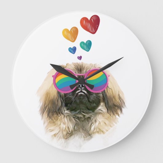 ペキンゲス犬とハートバレンタインデー ラージ壁時計 (正面)