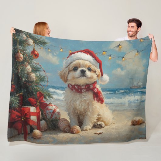 ペキンゲズドッグクリスマスヴィンテージビーチ フリースブランケット (インサイチュ)