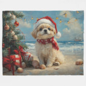 ペキンゲズドッグクリスマスヴィンテージビーチ フリースブランケット (正面(横))