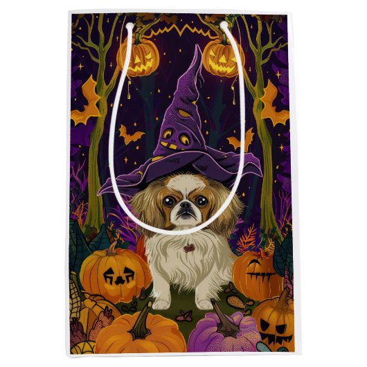 ペキン不気味ゲスドッグハロウィーン魔女とカボチャ ミディアムペーパーバッグ (正面)