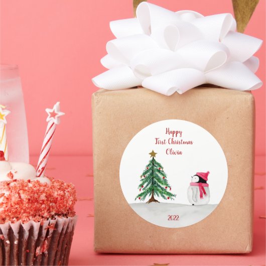 ペギーパーソナライズされたペンギン1stクリスマスステッカー ラウンドシール (パーティー)