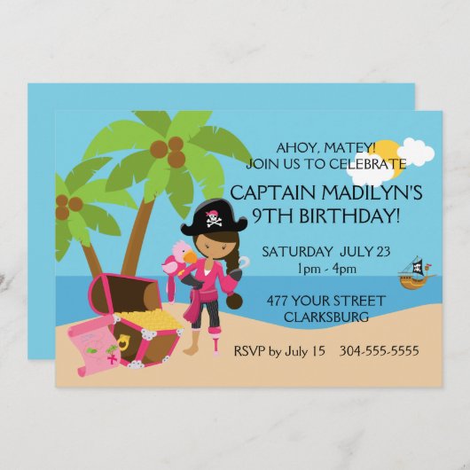 ペグ脚の誕生日パーティーを開く海賊 招待状 (正面/裏面)