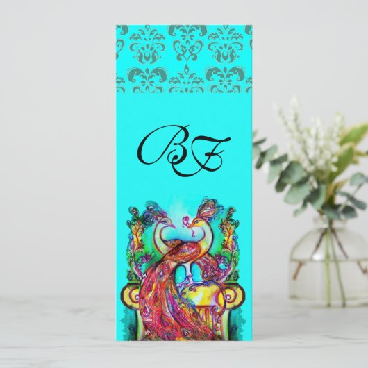 ペコックが恋に落ちたアクアブルーとターコイズのダマスク・モノグラム 招待状 (スタンド正面)