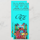 ペコックが恋に落ちたアクアブルーとターコイズのダマスク・モノグラム 招待状 (正面/裏面)