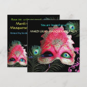 ペコックの羽根が付いた赤いマスクの仮面舞踏会パーティー 招待状 (正面/裏面)