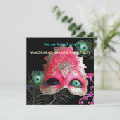 ペコックの羽根が付いた赤いマスクの仮面舞踏会パーティー 招待状 (スタンド正面)