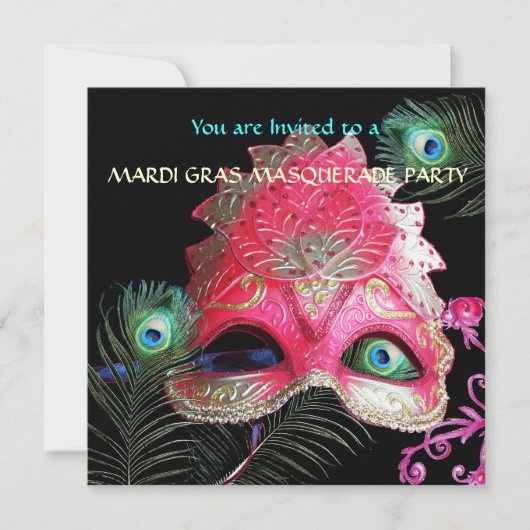 ペコックの羽根が付いた赤いマスクの仮面舞踏会 招待状 (正面)