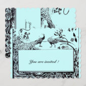 ペコック ブラック ティール ブルー ウェディング ラブ 招待状 (正面/裏面)