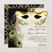 ペコック・マスカレード・マスク・ボール - 結婚式招待状 招待状 (正面/裏面)