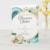 ペサハ招待カード - アゲートブルーゴールド カード (黄色い花)
