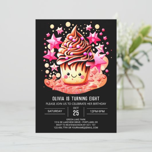 ペストリーウォーターカラーディライトマフィンガール誕生日 招待状 (スタンド正面)