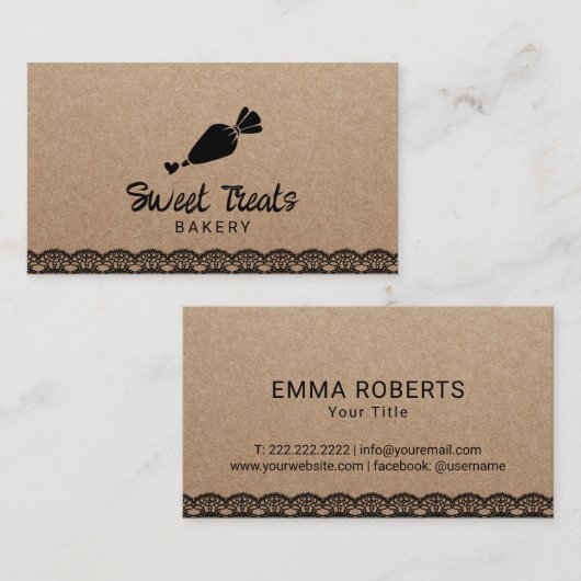ペストリーカップケーキベーカリーかわいいブラックレースクラフト 名刺 (正面/裏面)