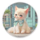 ペストリーショップでブルーボウ付きフワフワの子猫 セラミックノブ (正面)