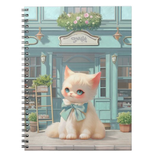 ペストリーショップでブルーボウ付きフワフワの子猫 ノートブック (正面)