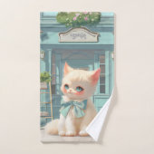 ペストリーショップでブルーボウ付きフワフワの子猫 バスタオルセット (ハンドタオル)