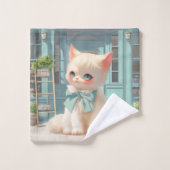 ペストリーショップでブルーボウ付きフワフワの子猫 バスタオルセット (ウォッシュタオル)