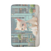 ペストリーショップでブルーボウ付きフワフワの子猫 バスマット (正面縦)