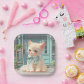 ペストリーショップでブルーボウ付きフワフワの子猫 ペーパープレート (パーティー)