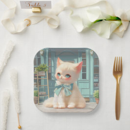 ペストリーショップでブルーボウ付きフワフワの子猫 ペーパープレート