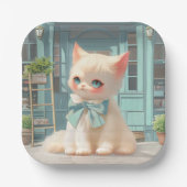 ペストリーショップでブルーボウ付きフワフワの子猫 ペーパープレート (正面)