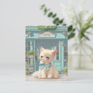 ペストリーショップでブルーボウ付きフワフワの子猫 案内ポストカード