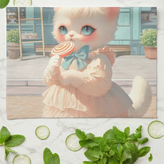 ペストリーショップで棒つきキャンデー付きフワフワの子猫 キッチンタオル (折り畳み)