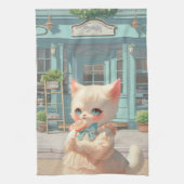 ペストリーショップで棒つきキャンデー付きフワフワの子猫 キッチンタオル (縦)