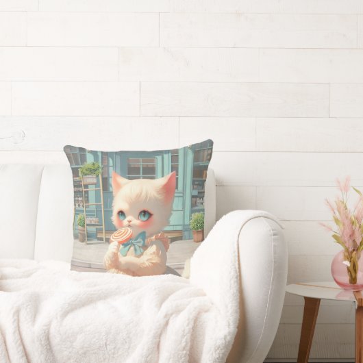 ペストリーショップで棒つきキャンデー付きフワフワの子猫 クッション (ソファ)