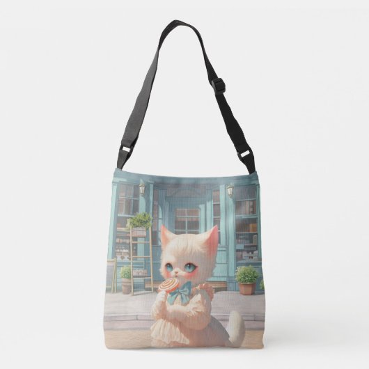 ペストリーショップで棒つきキャンデー付きフワフワの子猫 クロスボディバッグ (裏面)