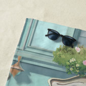 ペストリーショップで棒つきキャンデー付きフワフワの子猫 ビーチタオル (インサイチュ)