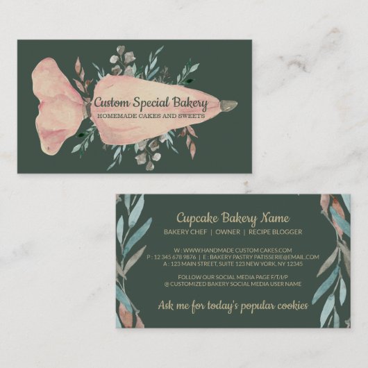 ペストリーバッグセージ緑の金ゴールドロ素朴ゴベーカリー 名刺 (正面/裏面)