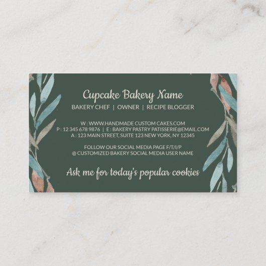 ペストリーバッグセージ緑の金ゴールド素朴ロゴベーカー 名刺 (裏面)