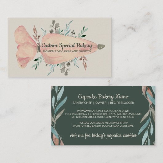 ペストリーバッグセージ緑の金ゴールド素朴ロゴベーカー 名刺 (正面/裏面)