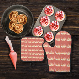 ペストリーバッグ、シナモンパン、カップケーキのピンク 鍋つかみ&鍋敷きセット