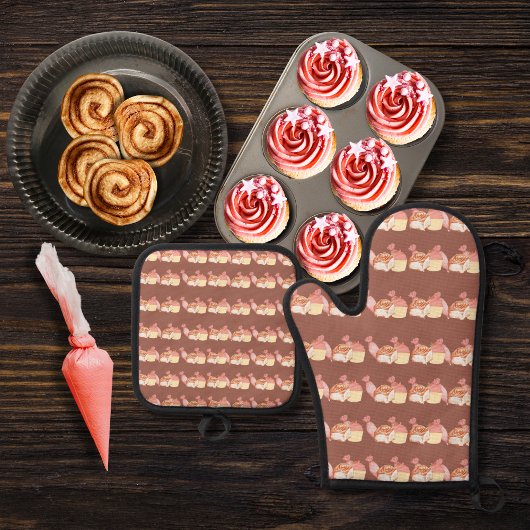 ペストリーバッグ、シナモンパン、カップケーキ茶 鍋つかみ&鍋敷きセット