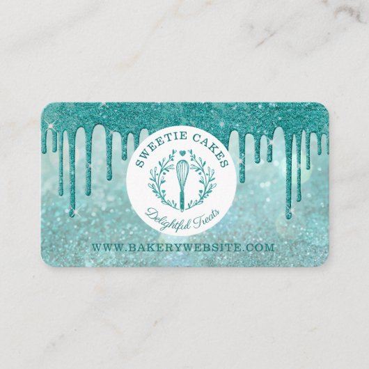 ペストリーベーカリーウィスクグリッターティール(緑がかった色)金ゴールドスパークルドリップ 名刺 (正面)