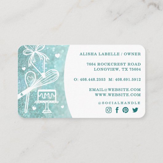 ペストリーベーカリーウィスクグリッターティール（緑がかった色）金ゴールドスパークルドリップ 名刺 (裏面)