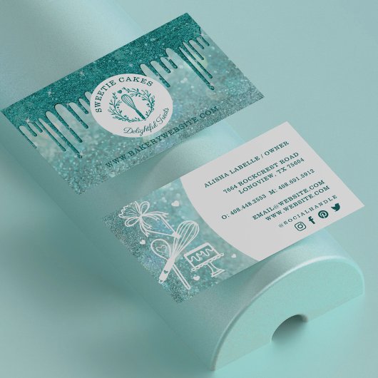 ペストリーベーカリーウィスクグリッターティール(緑がかった色)金ゴールドスパークルドリップ 名刺