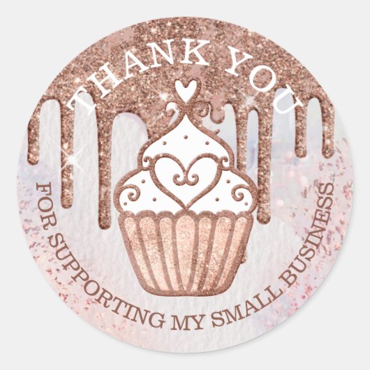 ペストリーベーカリーカップケーキグリッターバラ金ゴールドピンクドリップ ラウンドシール (正面)