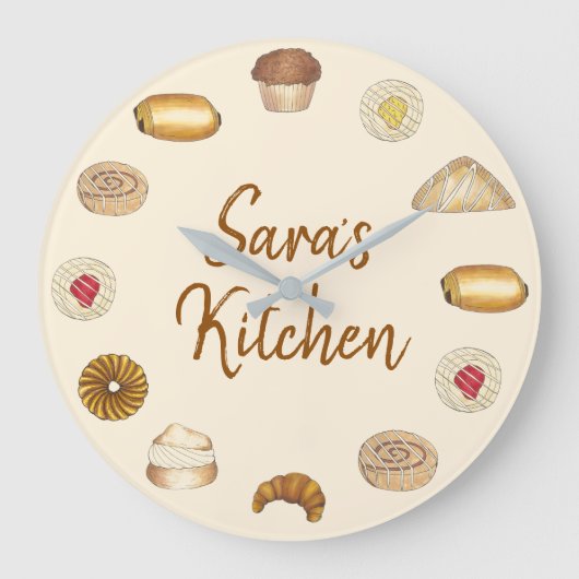 ペストリーベーカリークロワッサンダニッシュマフィ焼いたングッズ ラージ壁時計 (正面)